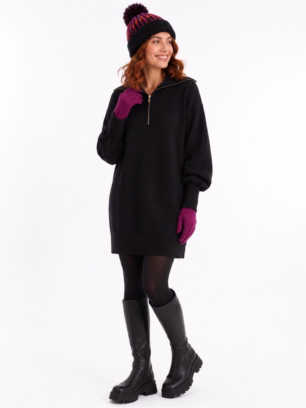 Black Tape Talya Sweater Dress W Oversized Collar, Balloon Sleeves & Ribbed Cuff